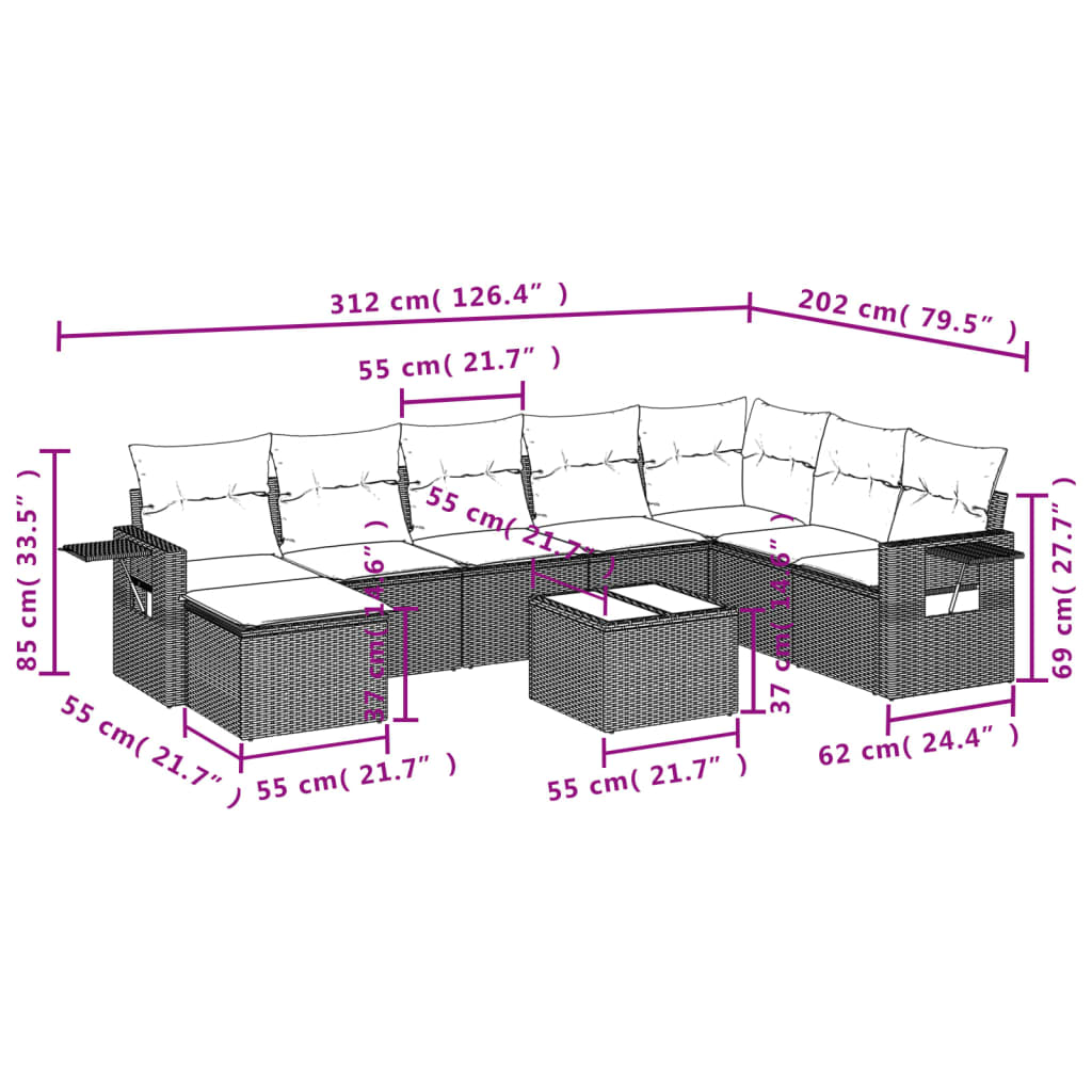 Set Divani da Giardino 9pz con Cuscini Marrone in Polyrattan