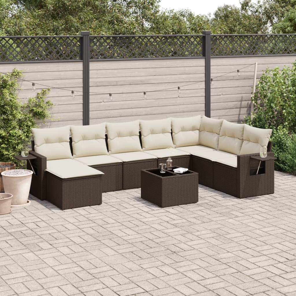 Set Divani da Giardino 9pz con Cuscini Marrone in Polyrattan