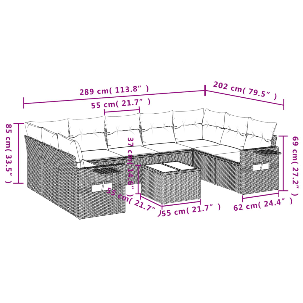 Set Divani da Giardino 10pz con Cuscini in Polyrattan Marrone