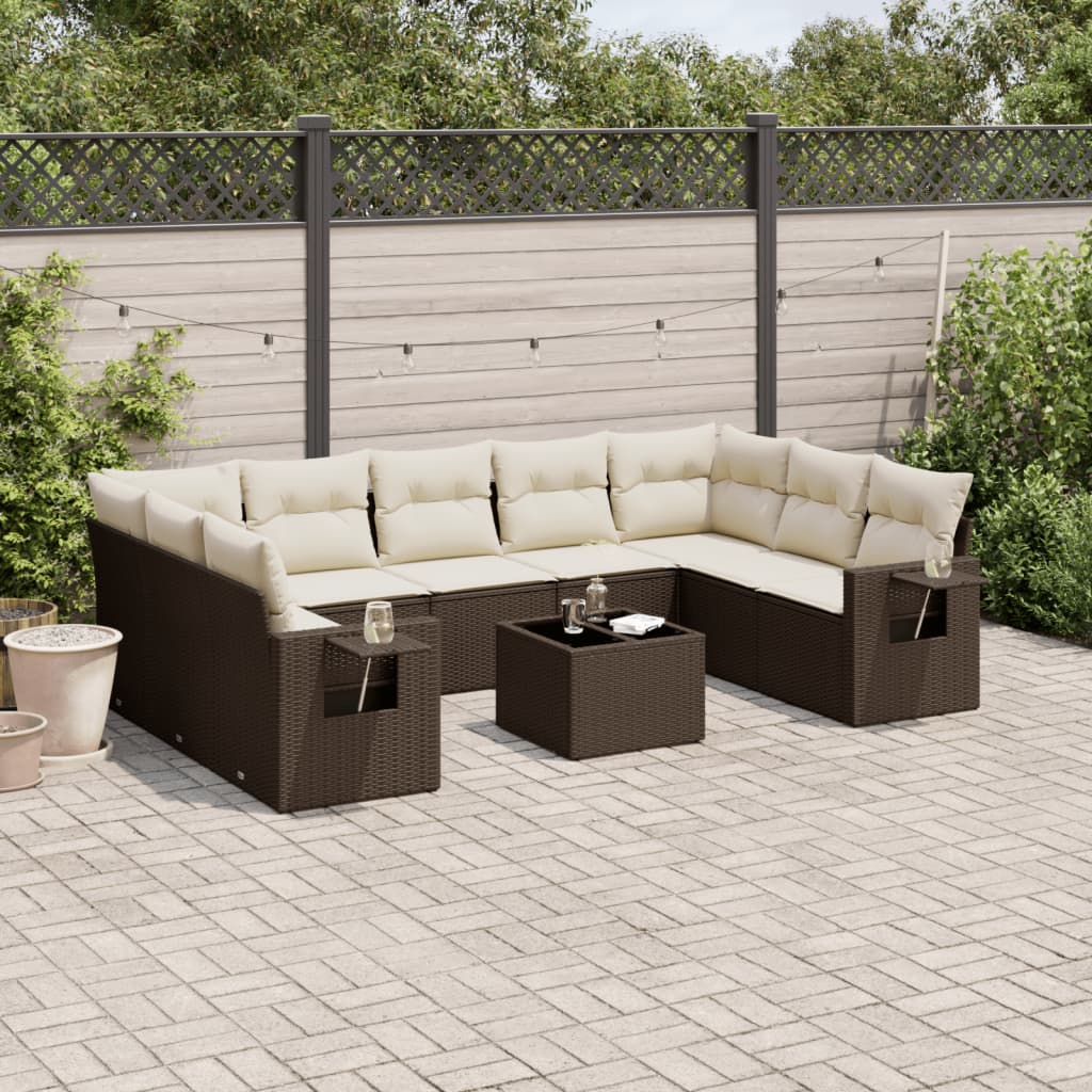 Set Divani da Giardino 10pz con Cuscini in Polyrattan Marrone