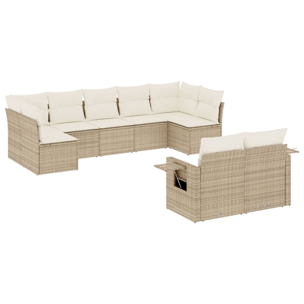 Set Divano da Giardino 9 pz con Cuscini Beige in Polyrattan