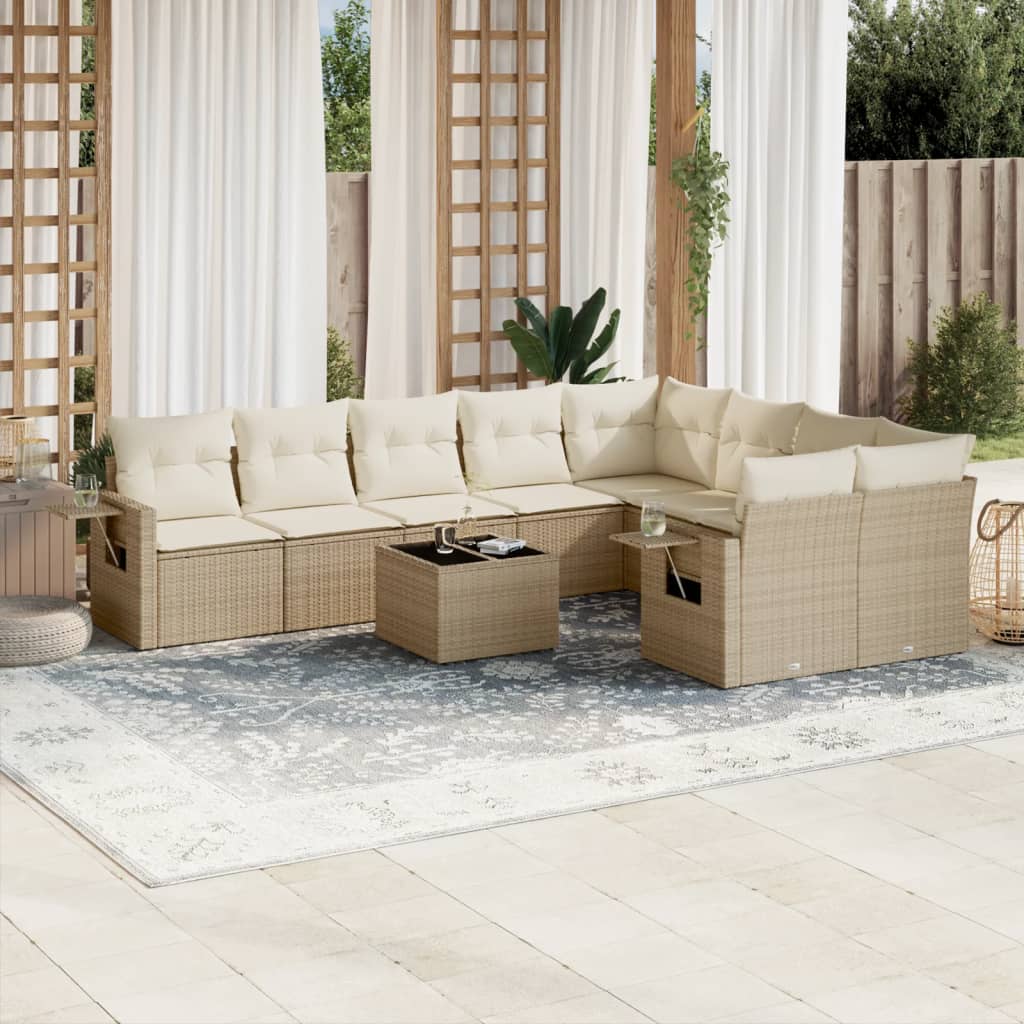 Set Divano da Giardino 10 pz con Cuscini Beige in Polyrattan