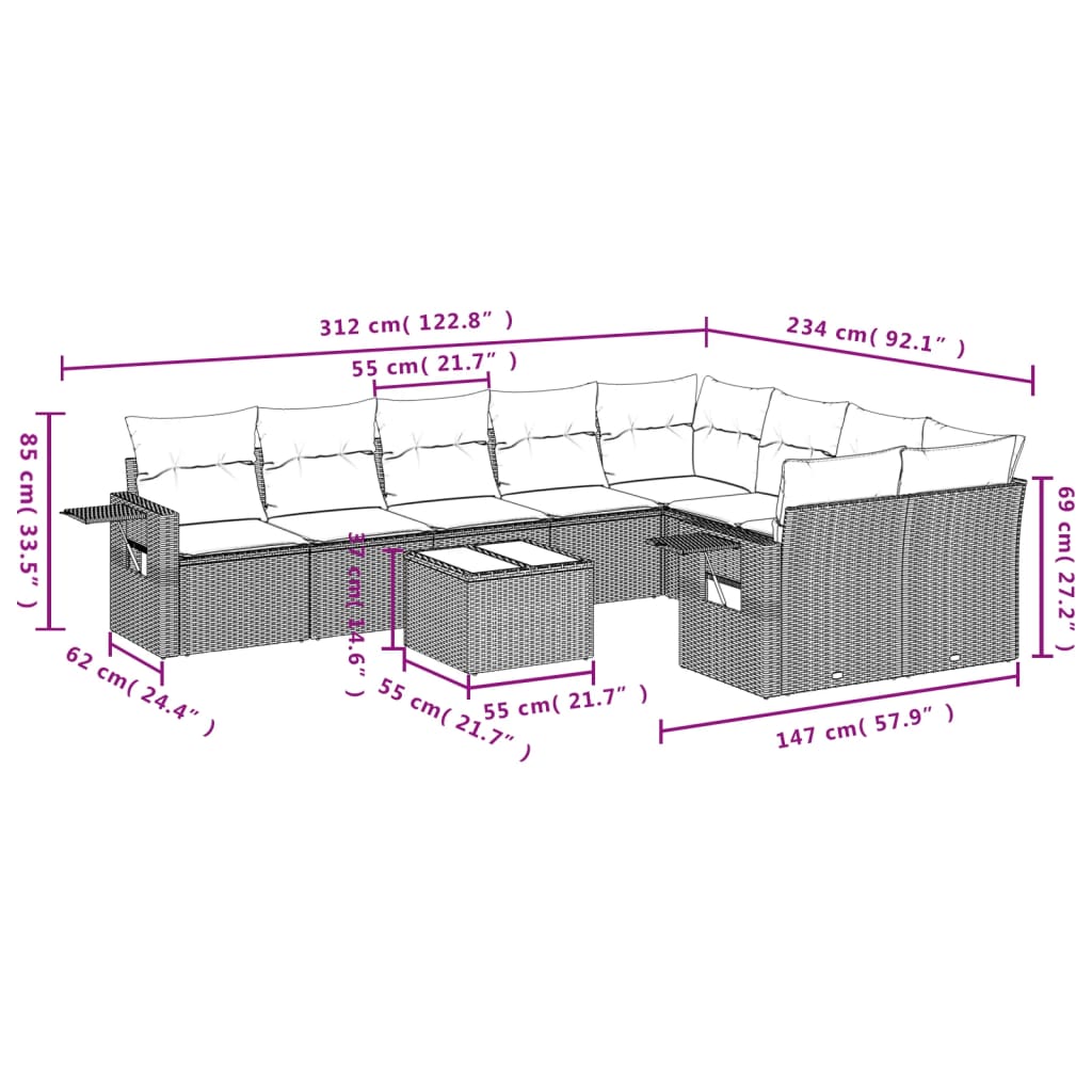 Set Divani da Giardino 10pz con Cuscini in Polyrattan Marrone