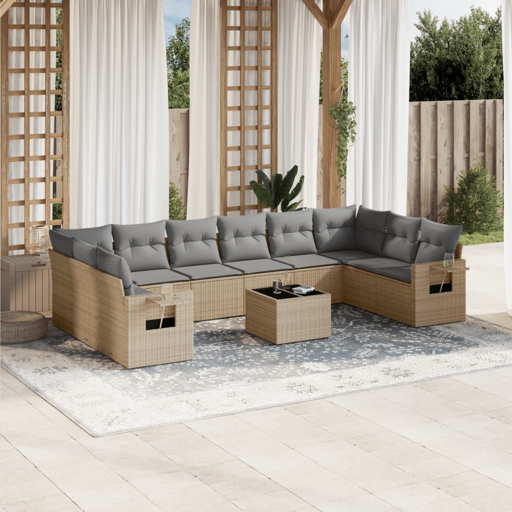 Set Divani da Giardino 11 pz con Cuscini Beige in Polyrattan