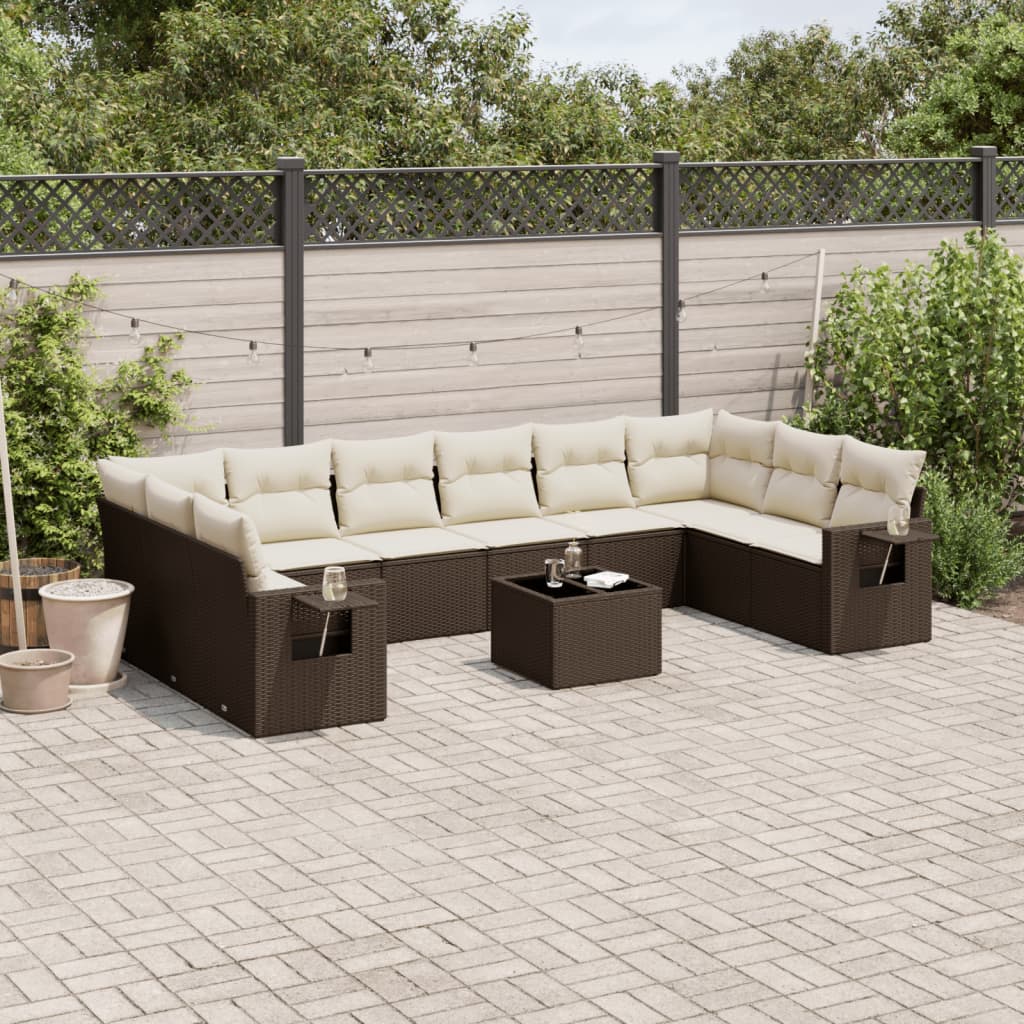 Set Divani da Giardino 11 pz con Cuscini Polyrattan Marrone