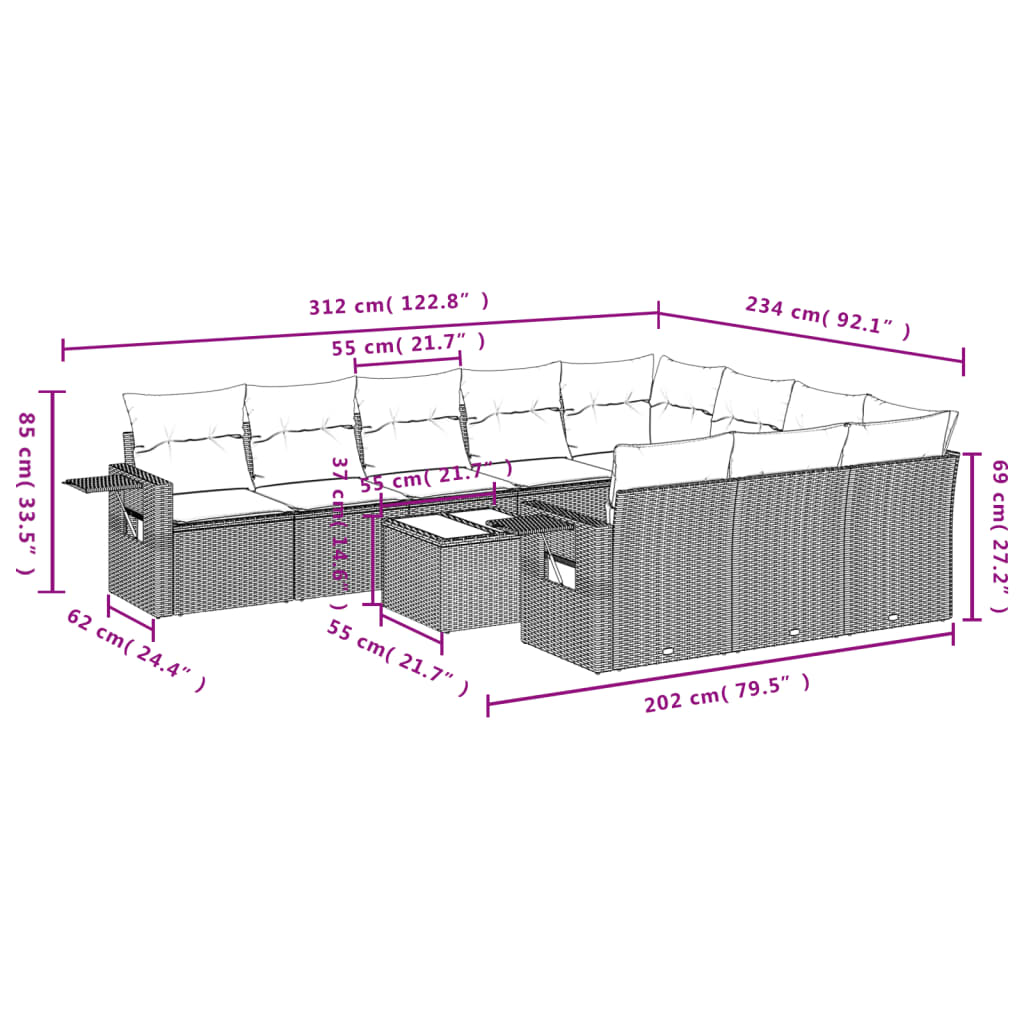 Set Divani da Giardino 11 pz con Cuscini Polyrattan Marrone