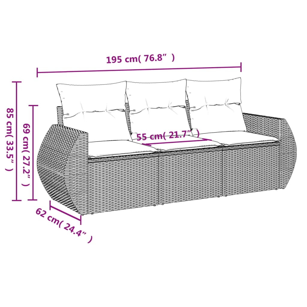 Set Divano da Giardino 3 pz con Cuscini Beige in Polyrattan