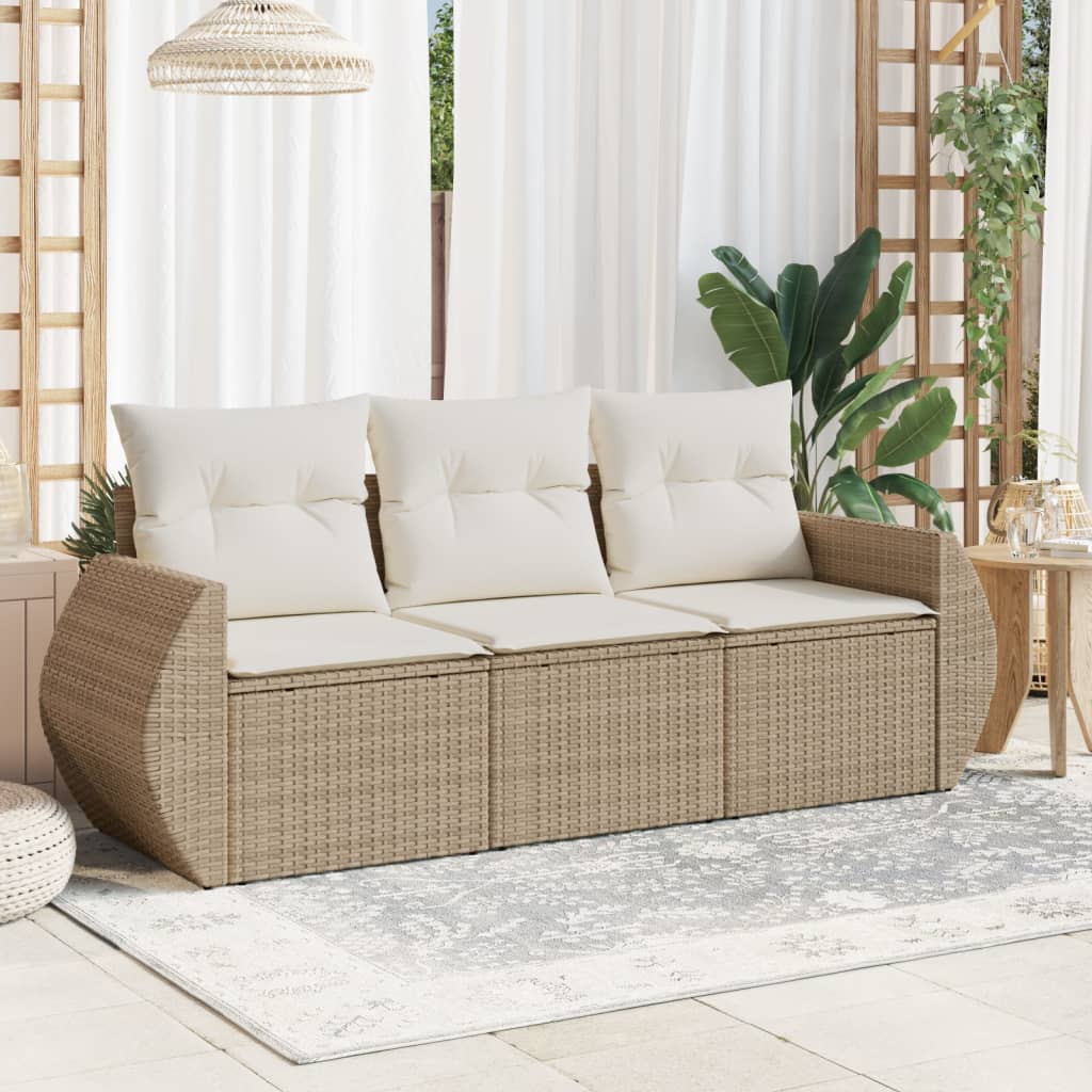 Set Divano da Giardino 3 pz con Cuscini Beige in Polyrattan