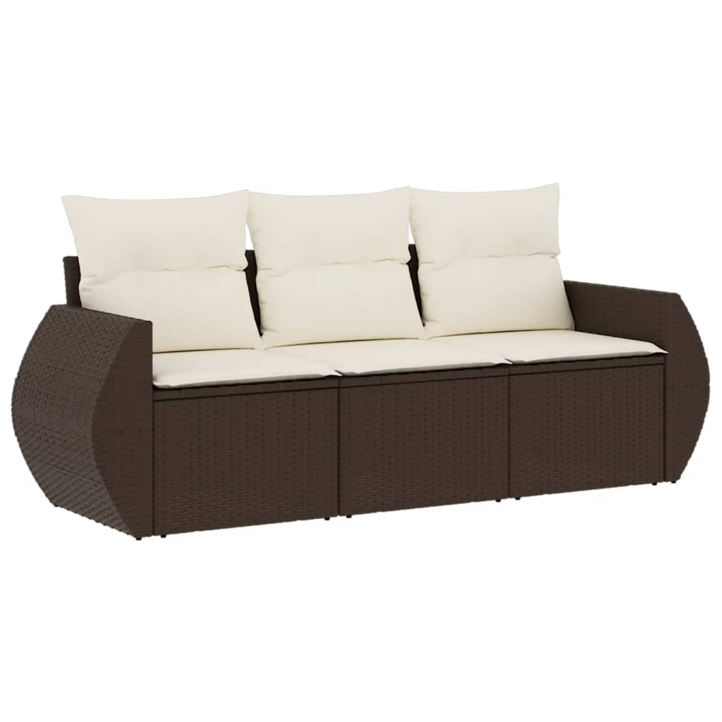 Set Divano da Giardino 3 pz con Cuscini Marrone in Polyrattan