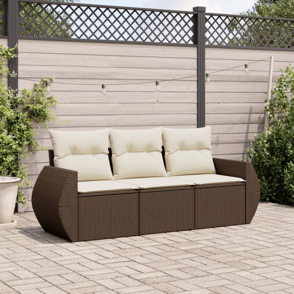 Set Divano da Giardino 3 pz con Cuscini Marrone in Polyrattan