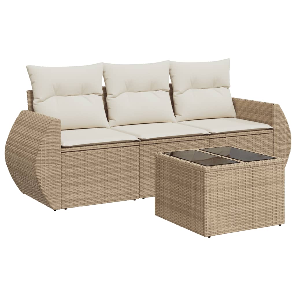 Set Divano da Giardino 4 pz con Cuscini Beige in Polyrattan