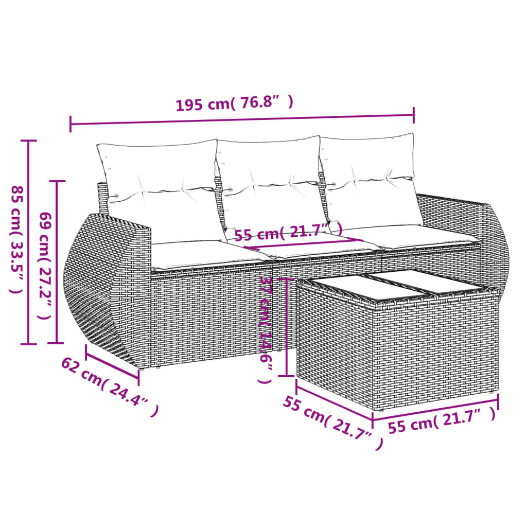 Set Divano da Giardino 4 pz con Cuscini Beige in Polyrattan