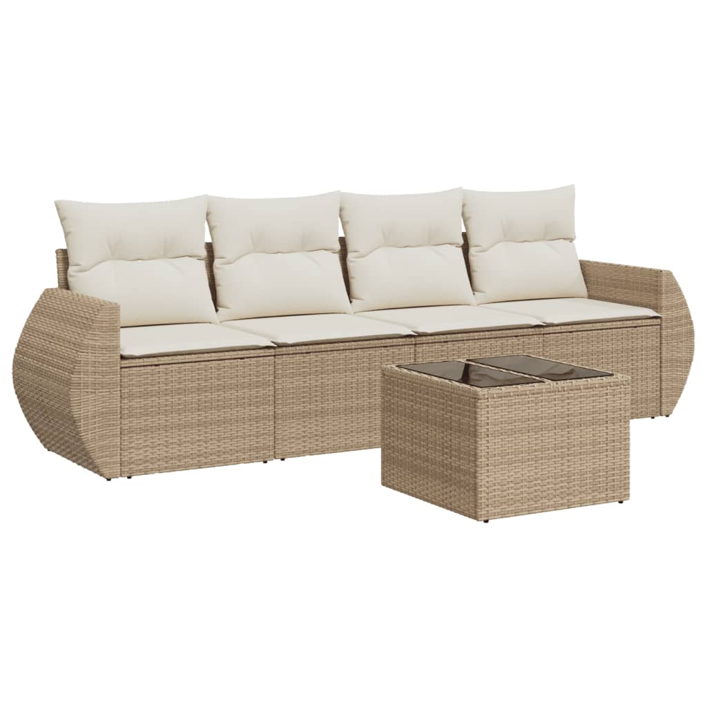 Set Divano da Giardino 5 pz con Cuscini Beige in Polyrattan