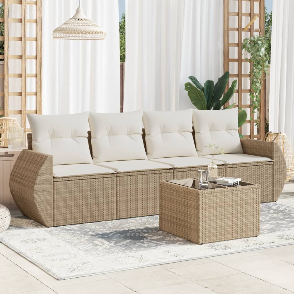 Set Divano da Giardino 5 pz con Cuscini Beige in Polyrattan