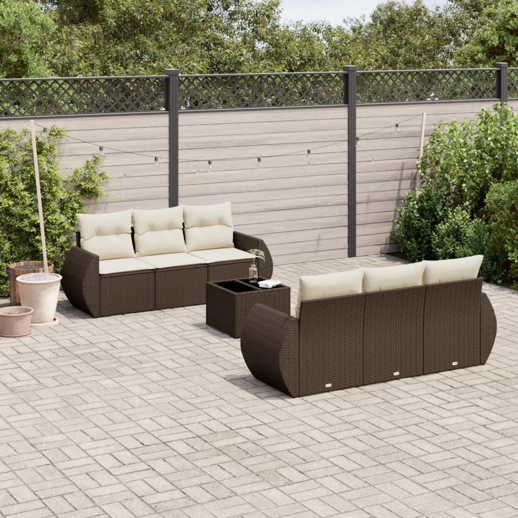 Set Divani da Giardino 7 pz con Cuscini Marrone in Polyrattan