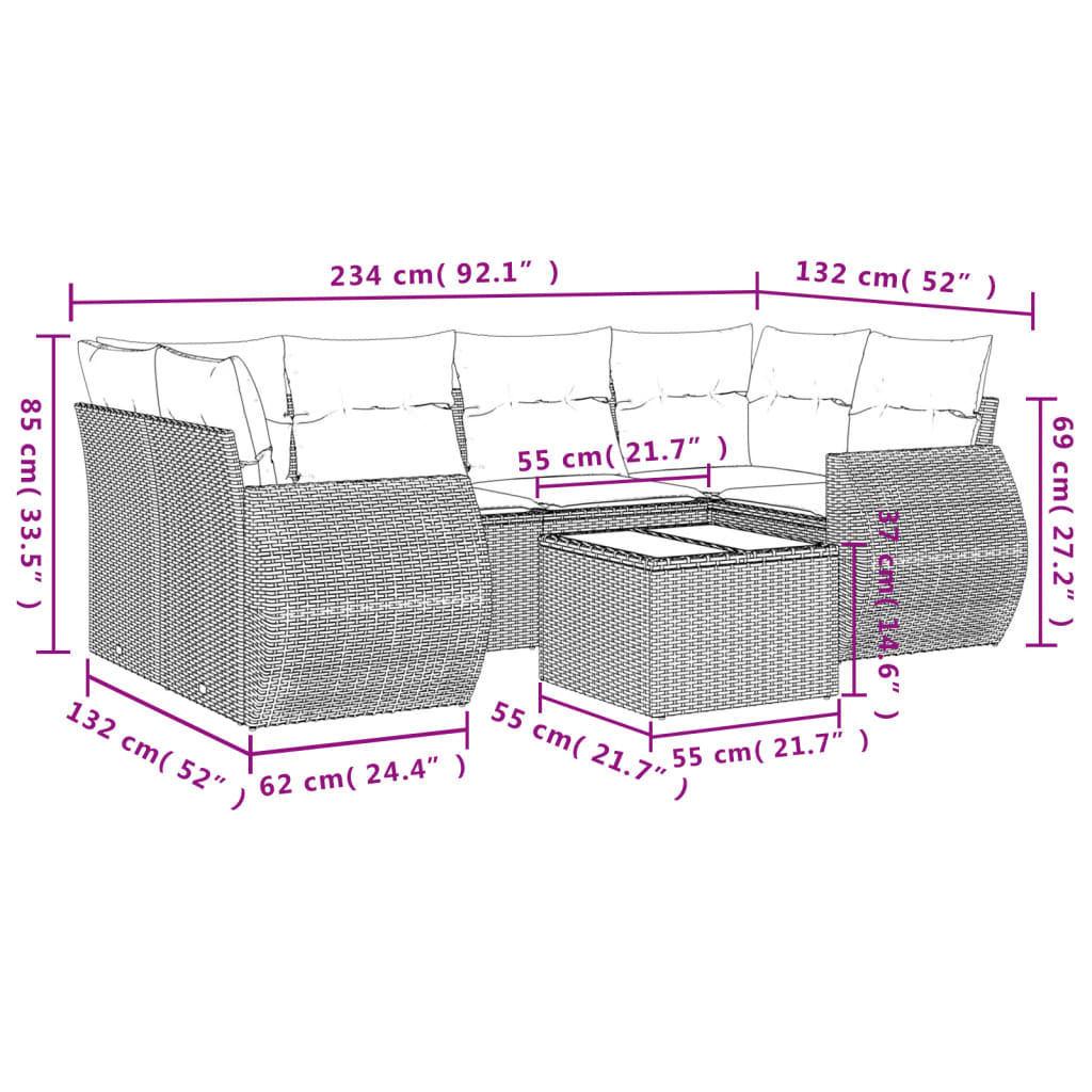 Set Divani da Giardino 7 pz con Cuscini Beige in Polyrattan