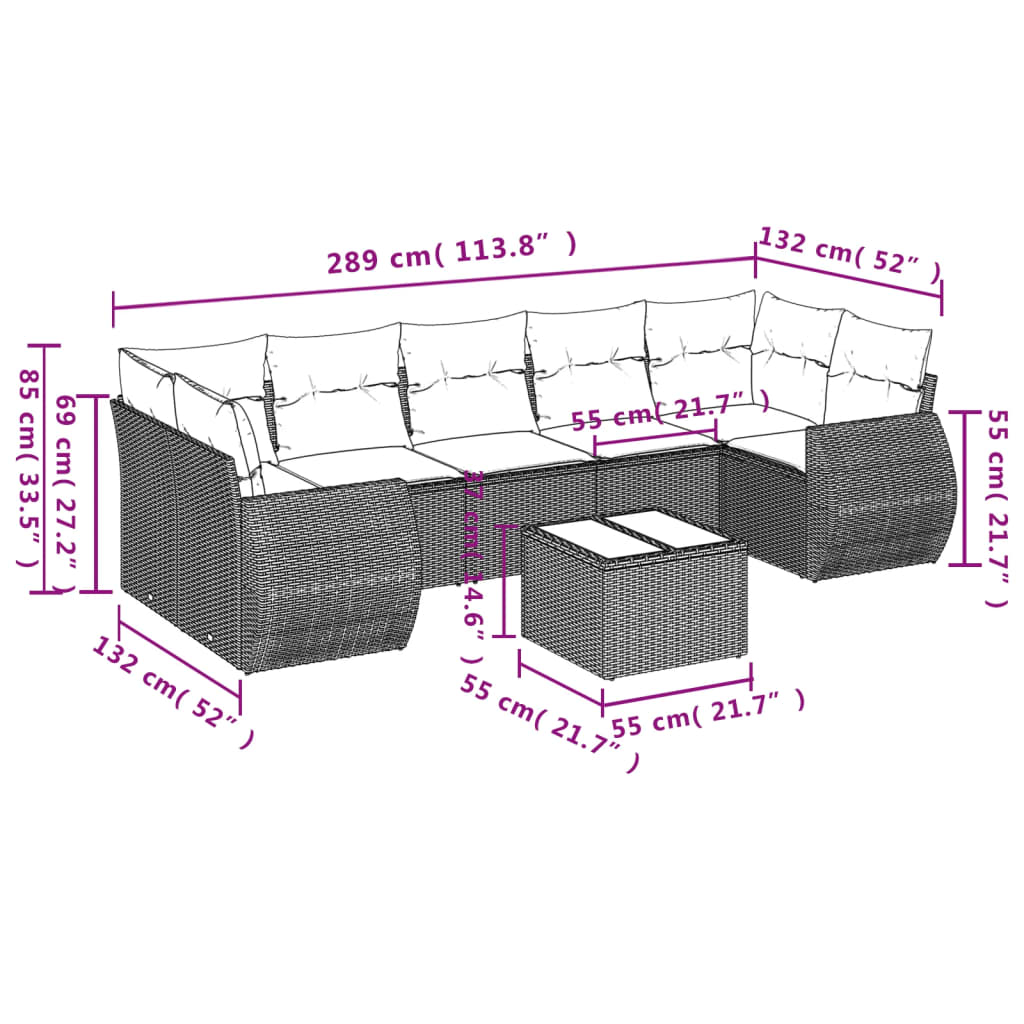 Set Divani da Giardino 8 pz con Cuscini Marrone in Polyrattan