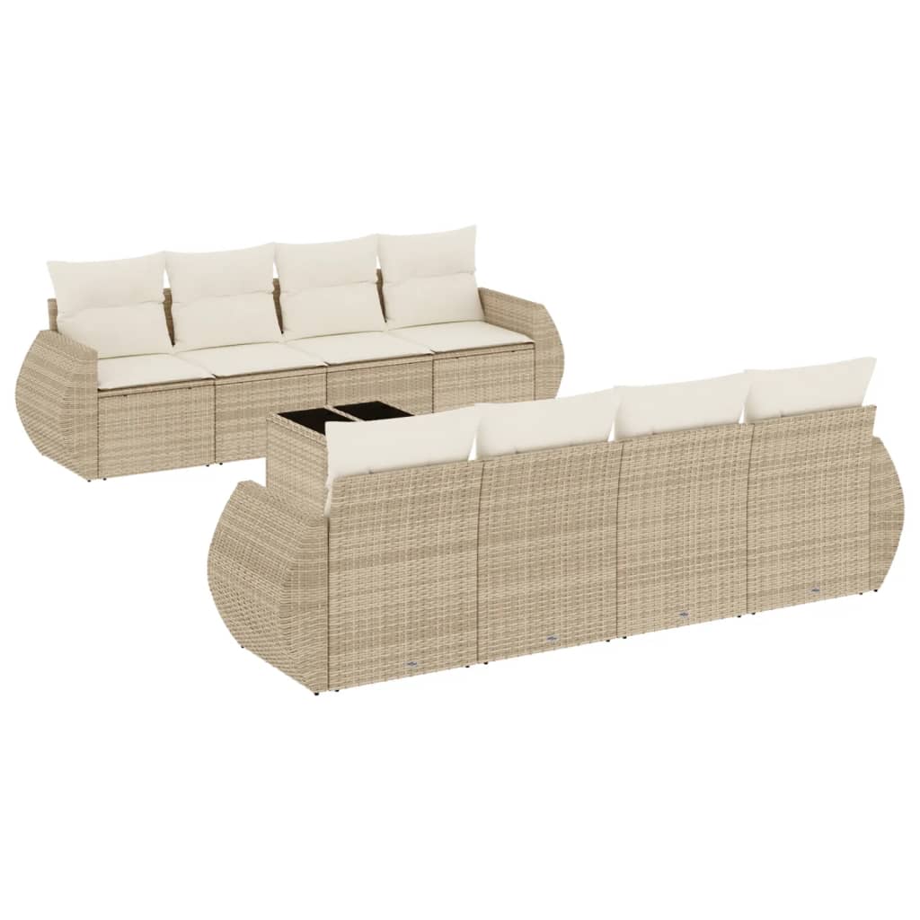 Set Divano da Giardino 9 pz con Cuscini Beige in Polyrattan