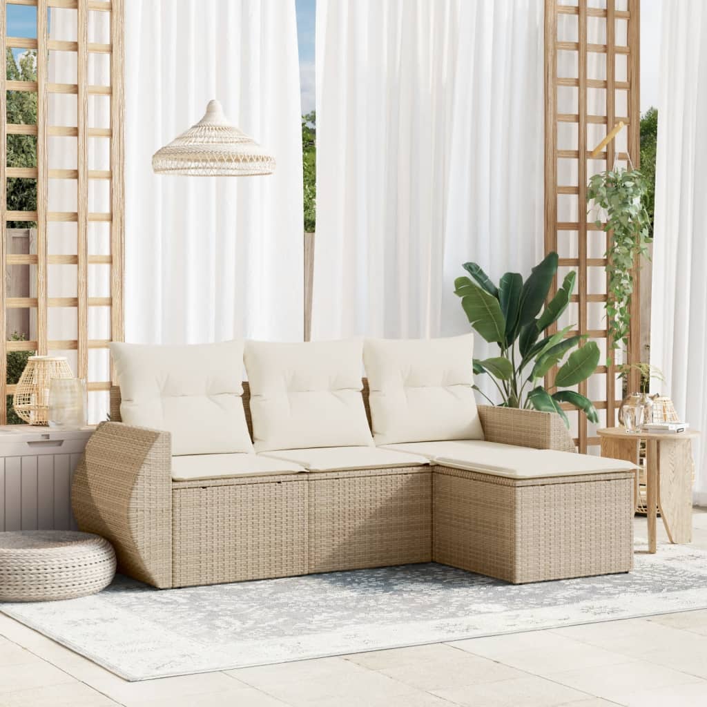 Set Divano da Giardino 4 pz con Cuscini Beige in Polyrattan