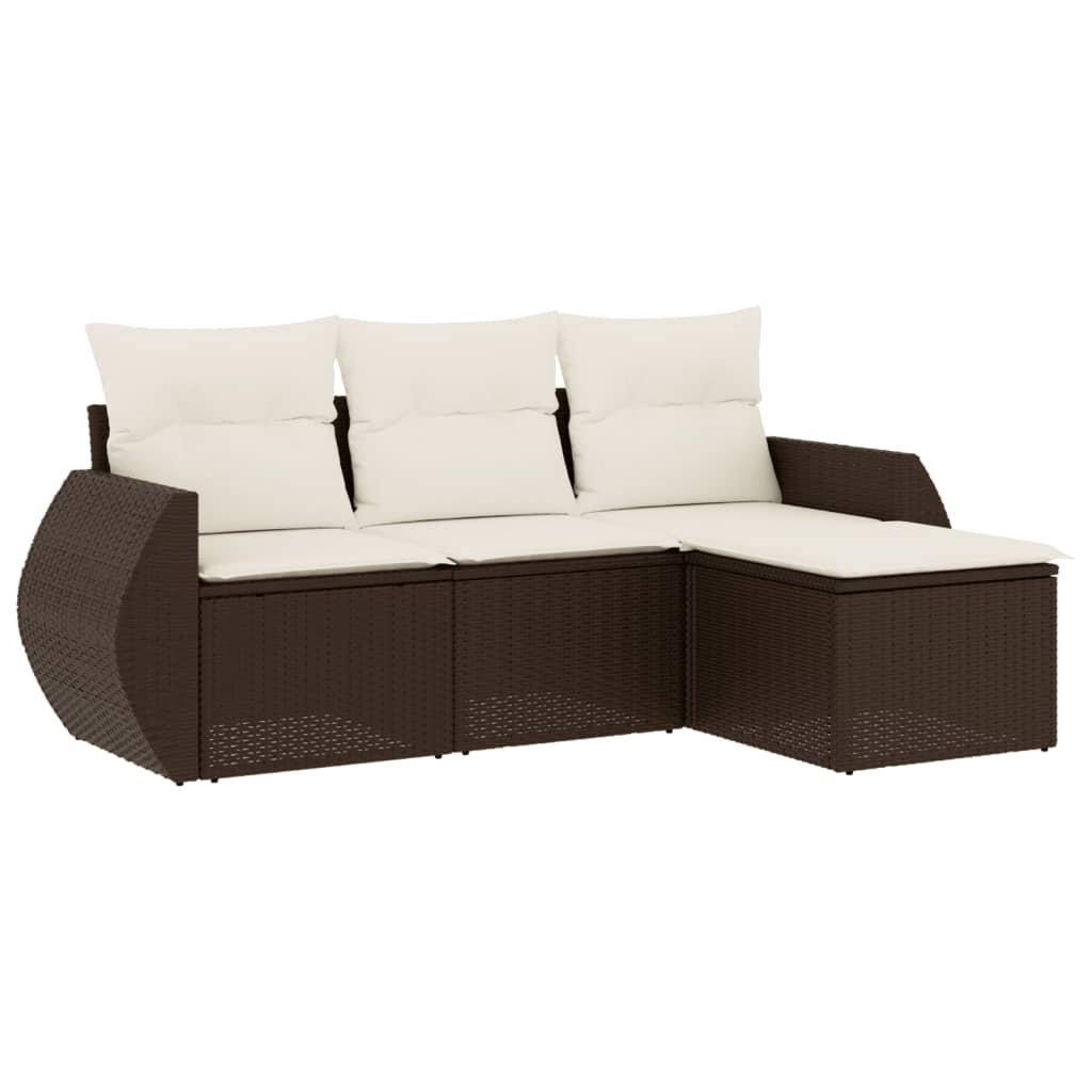 Set Divano da Giardino 4 pz con Cuscini Marrone in Polyrattan