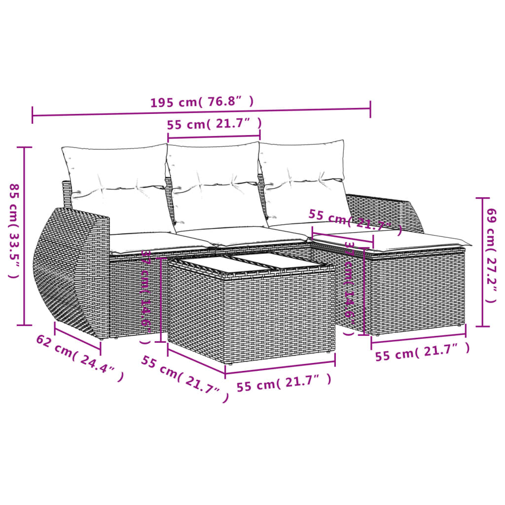 Set Divano da Giardino 5 pz con Cuscini Beige in Polyrattan