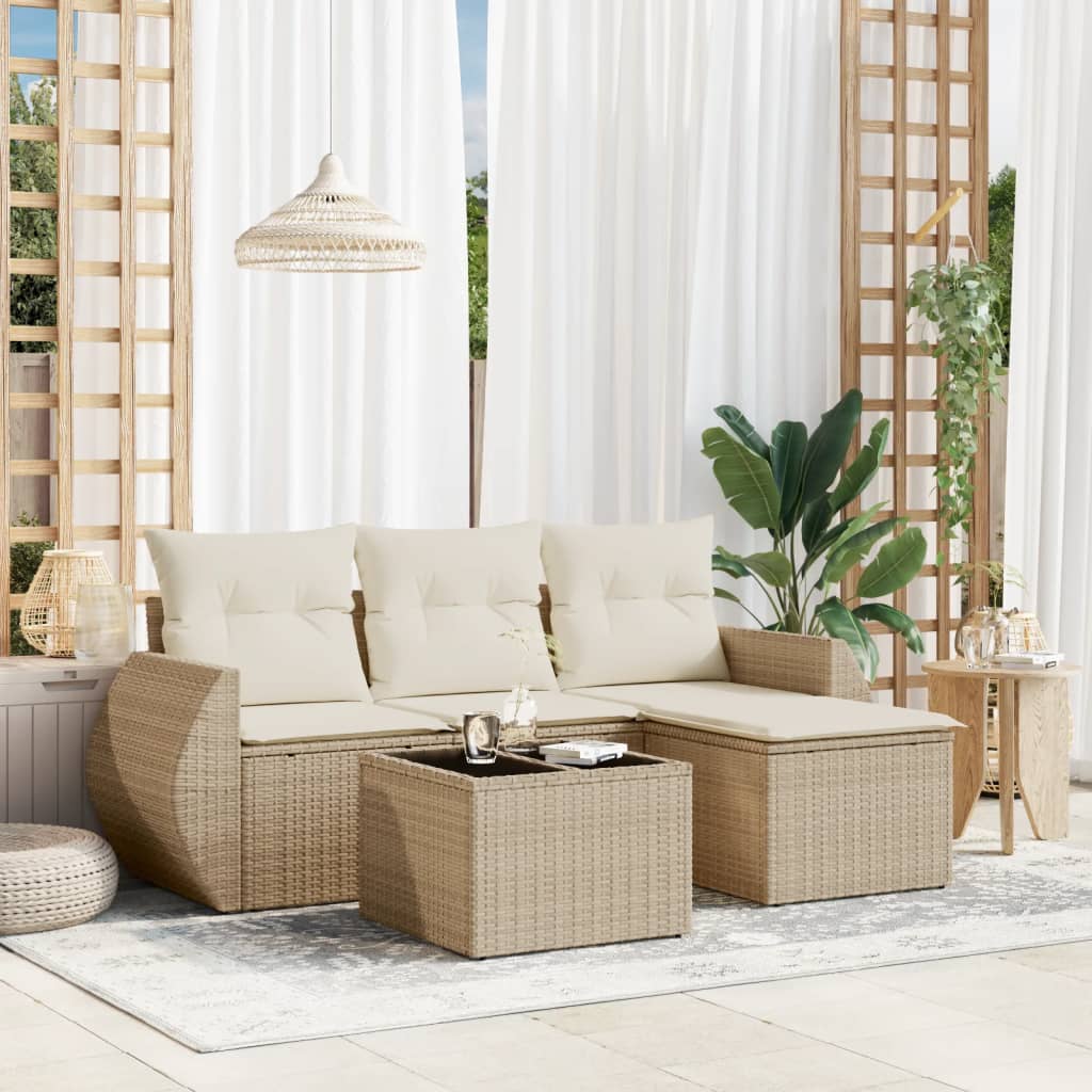 Set Divano da Giardino 5 pz con Cuscini Beige in Polyrattan