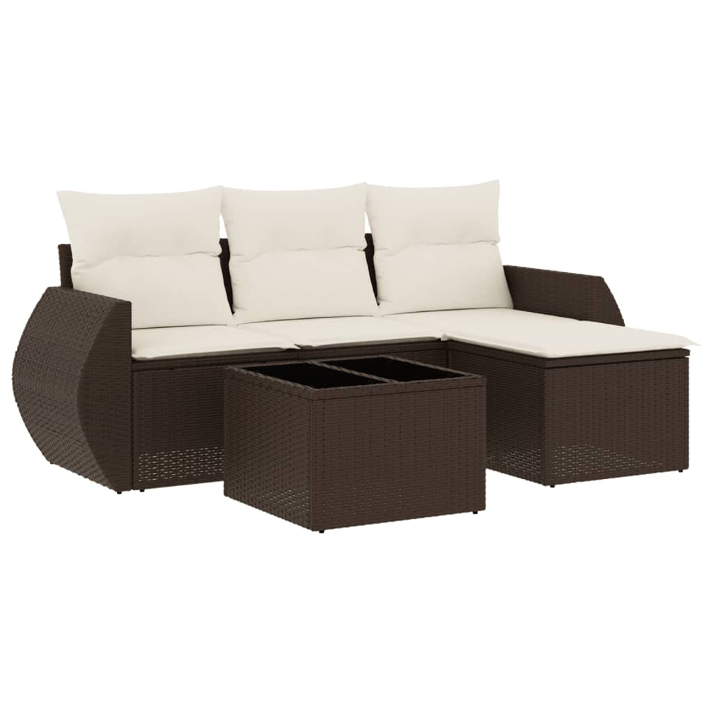 Set Divano da Giardino 5 pz con Cuscini Marrone in Polyrattan