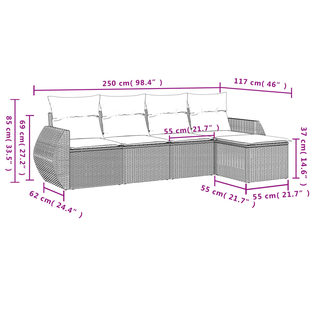 Set Divano da Giardino 5 pz con Cuscini Beige in Polyrattan