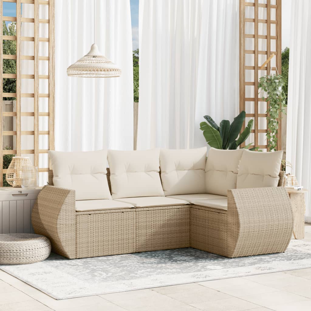 Set Divano da Giardino 4 pz con Cuscini Beige in Polyrattan