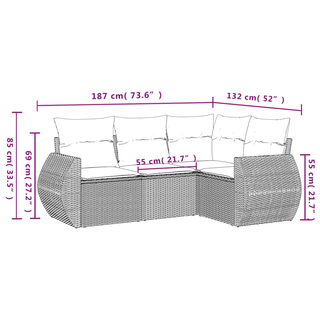 Set Divano da Giardino 4 pz con Cuscini Marrone in Polyrattan