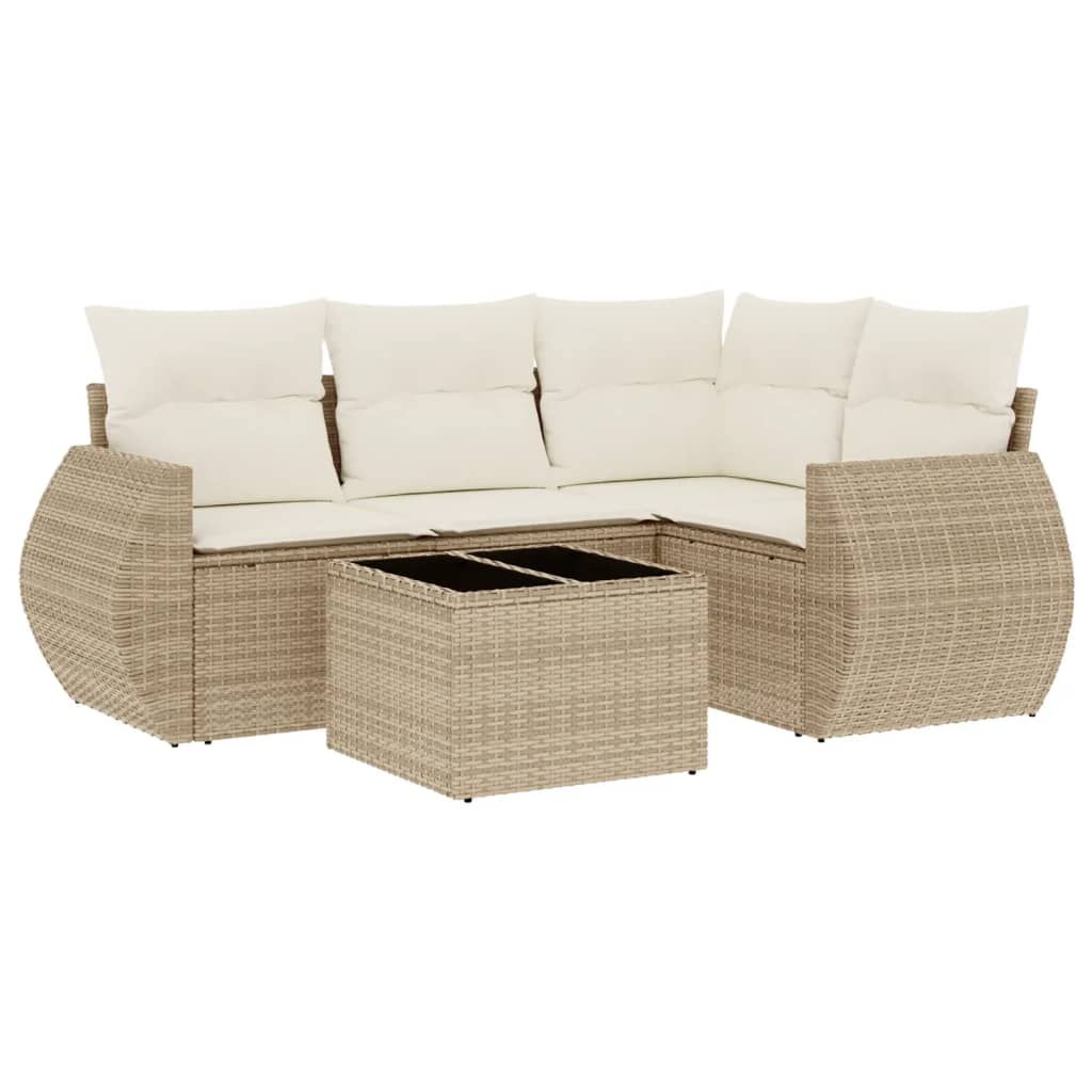 Set Divano da Giardino 5 pz con Cuscini Beige in Polyrattan