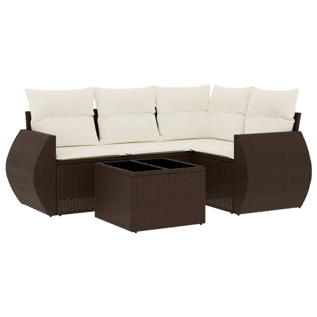 Set Divano da Giardino 5 pz con Cuscini Marrone in Polyrattan