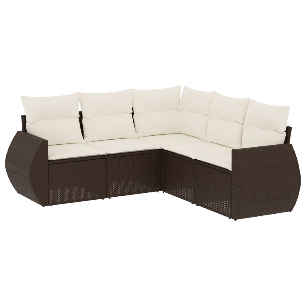 Set Divano da Giardino 5 pz con Cuscini Marrone in Polyrattan