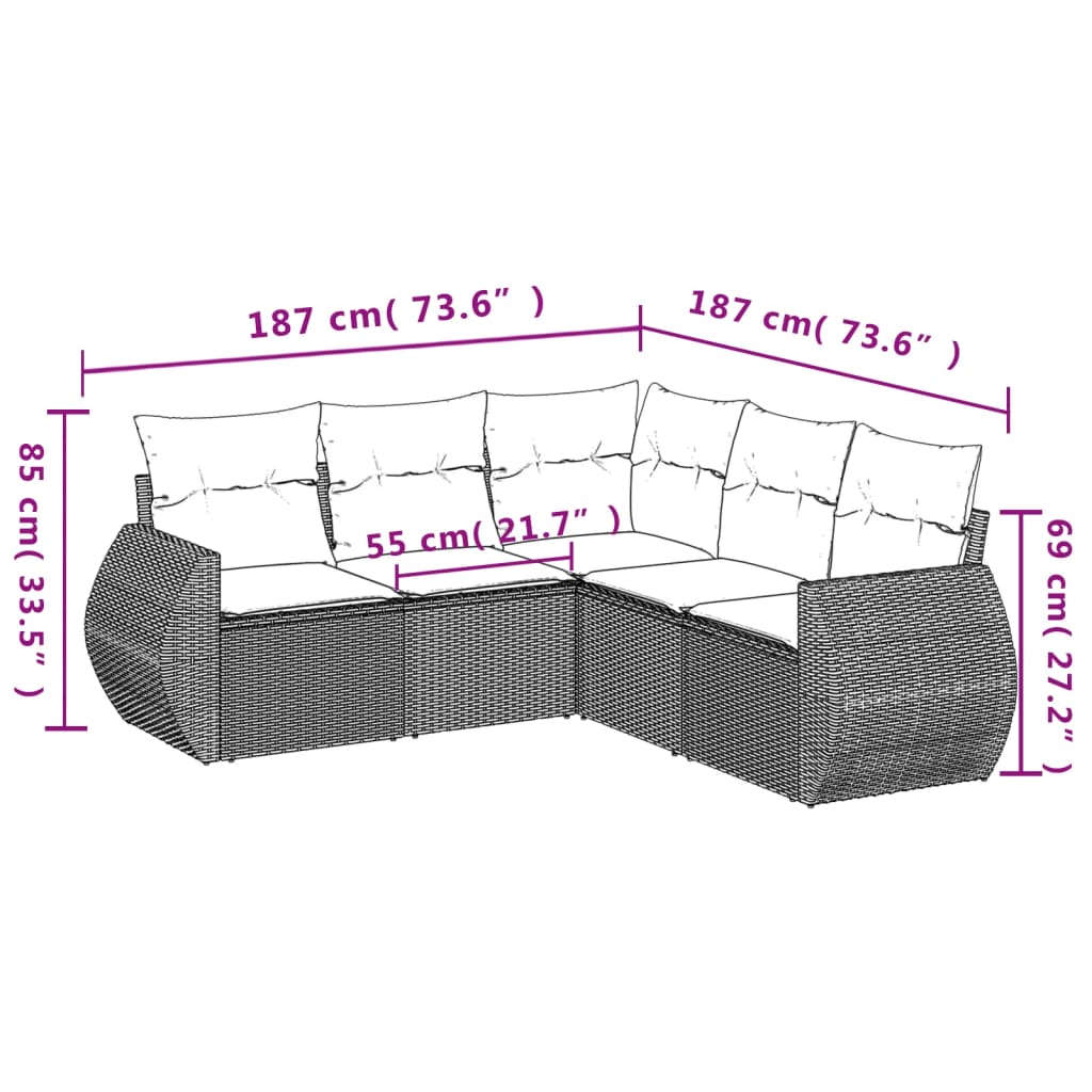 Set Divano da Giardino 5 pz con Cuscini Marrone in Polyrattan