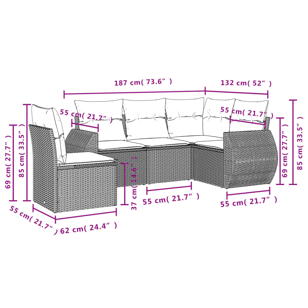 Set Divano da Giardino 5 pz con Cuscini Marrone in Polyrattan