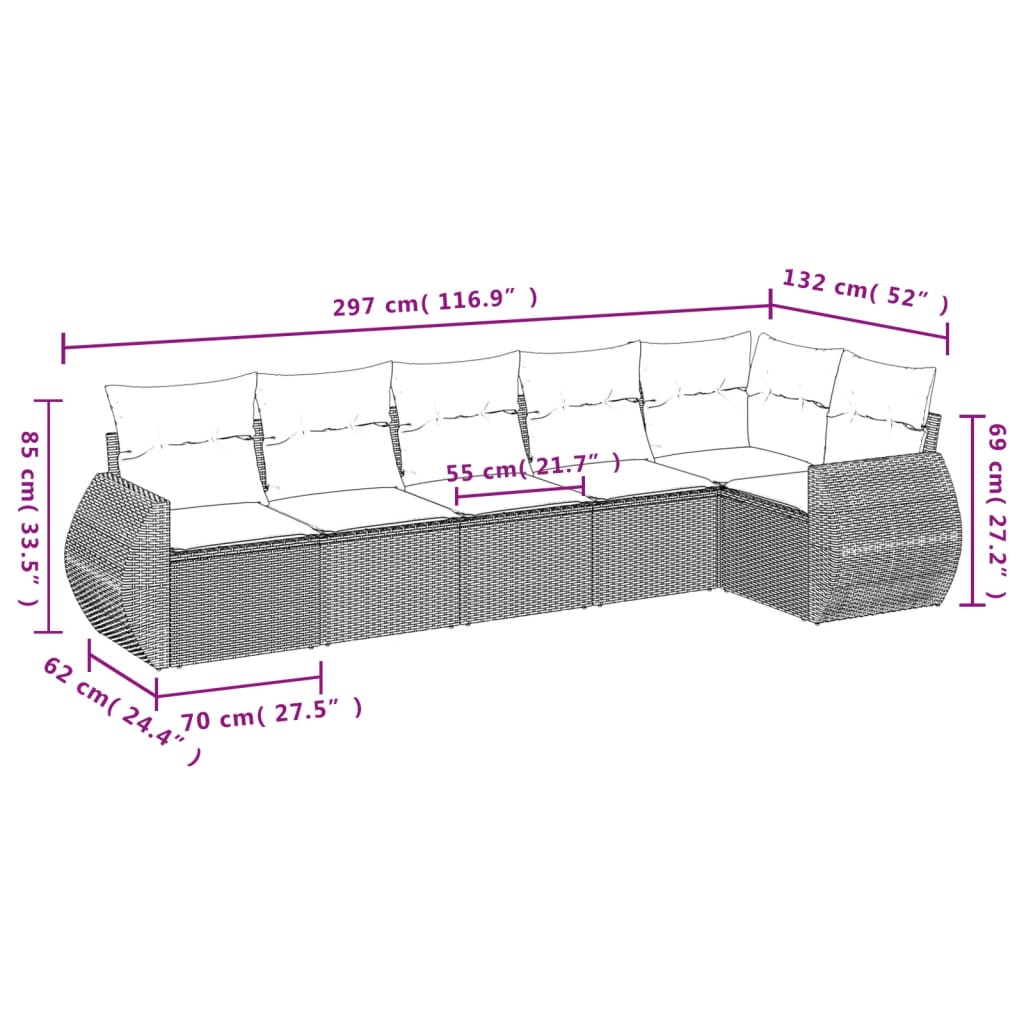 Set Divano da Giardino 6 pz con Cuscini Beige in Polyrattan