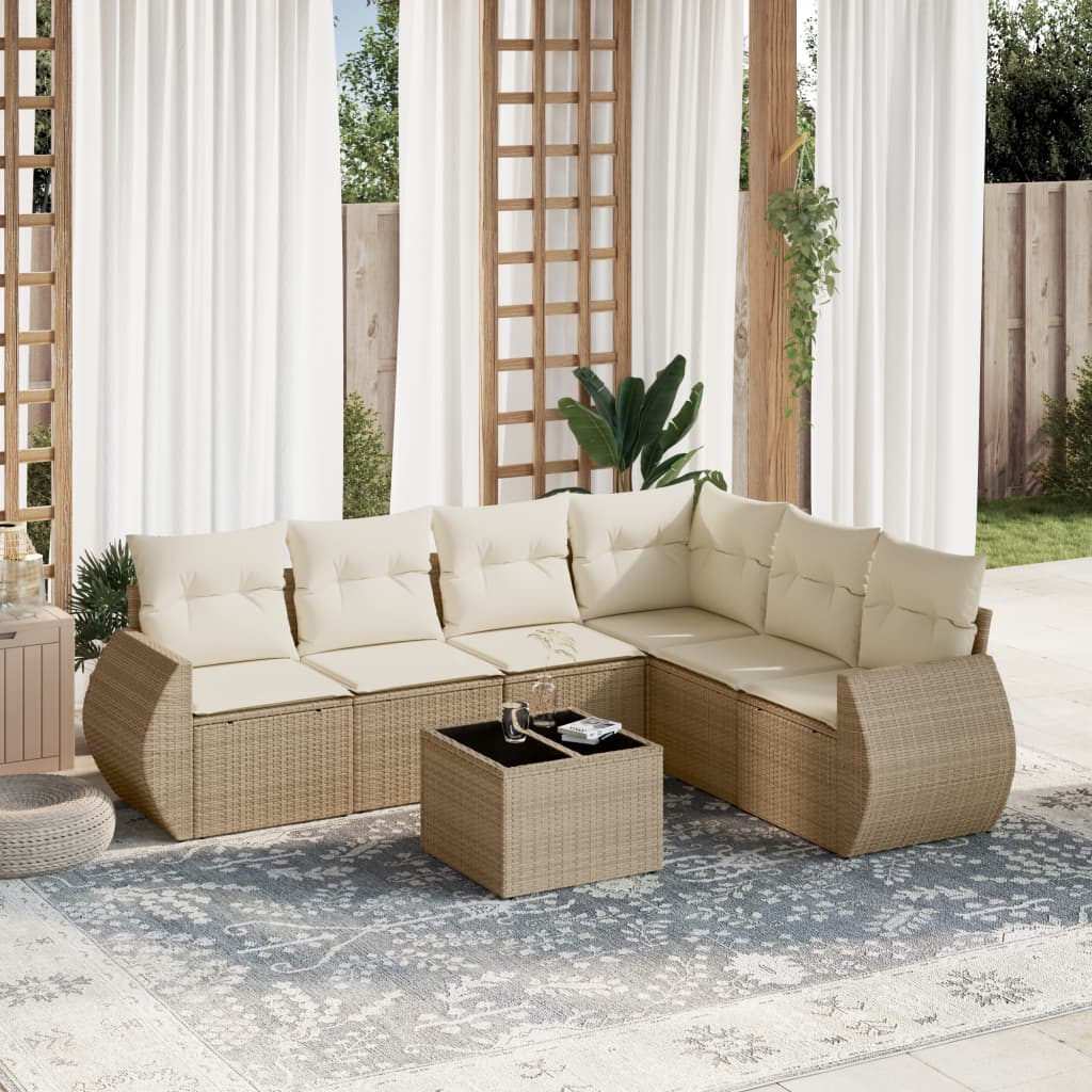 Set Divani da Giardino 7 pz con Cuscini Beige in Polyrattan