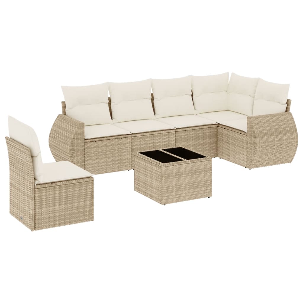 Set Divani da Giardino 7 pz con Cuscini Beige in Polyrattan