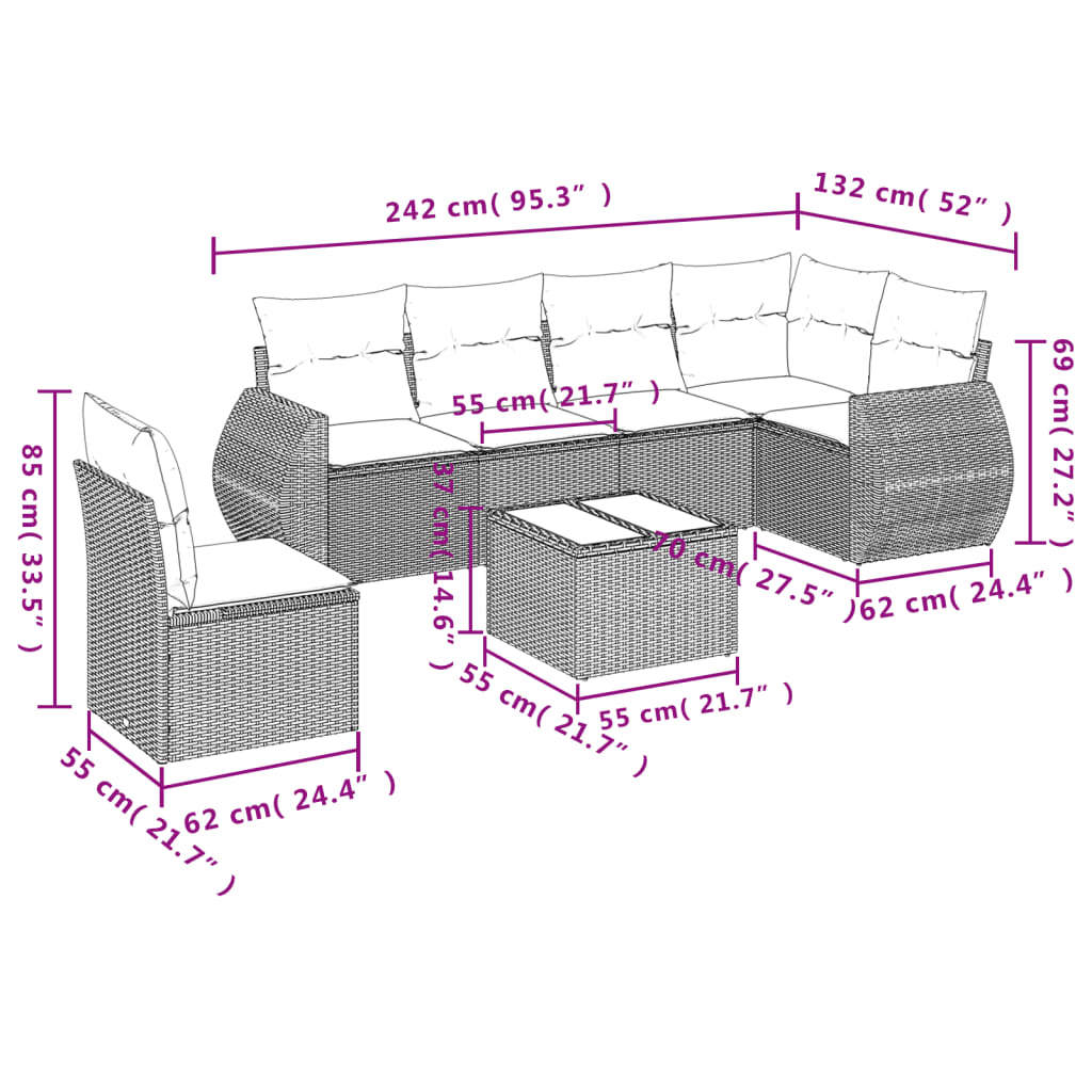 Set Divani da Giardino 7 pz con Cuscini Beige in Polyrattan