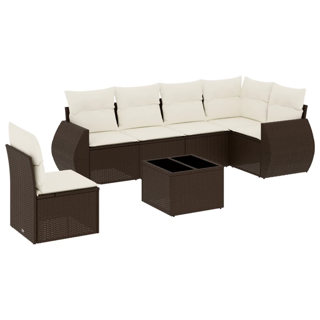 Set Divani da Giardino 7 pz con Cuscini Marrone in Polyrattan