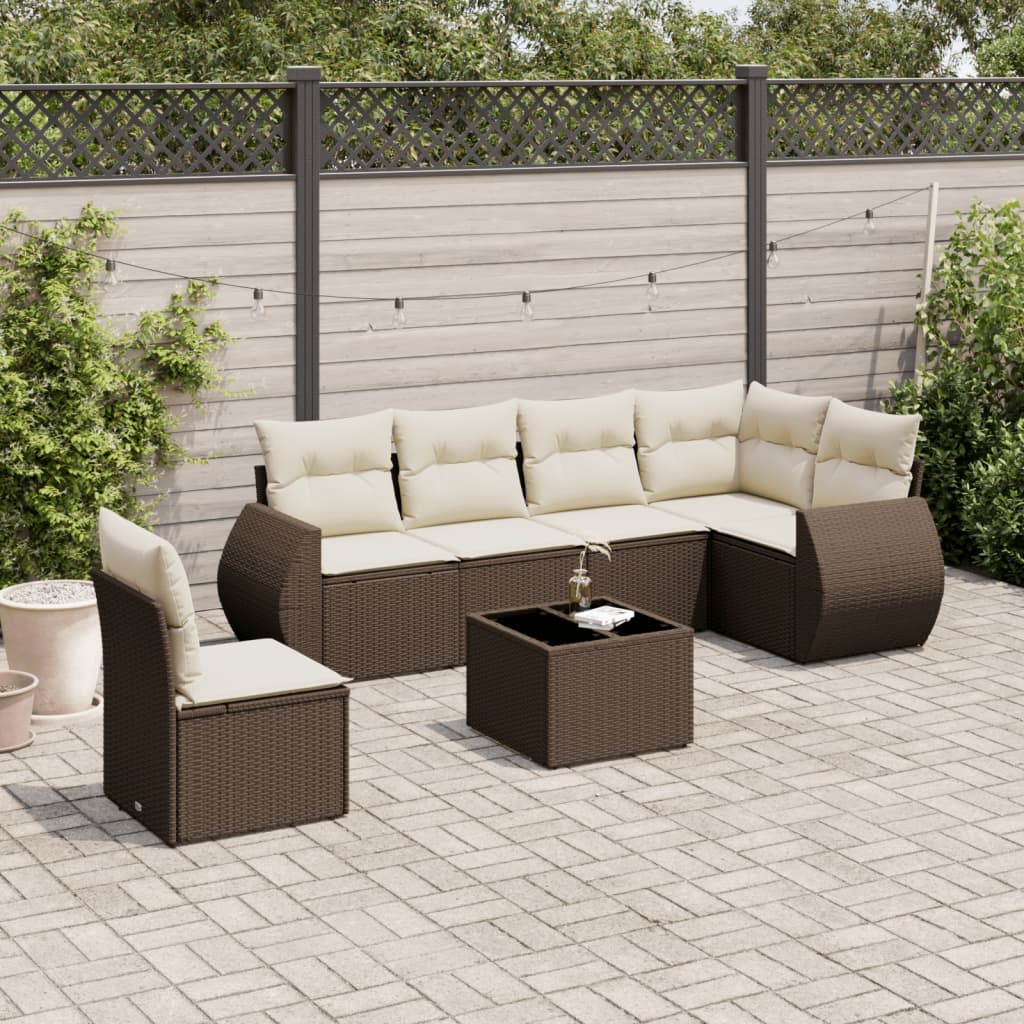 Set Divani da Giardino 7 pz con Cuscini Marrone in Polyrattan