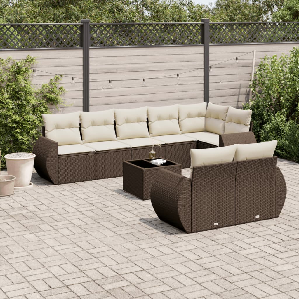 Set Divani da Giardino 9pz con Cuscini Marrone in Polyrattan