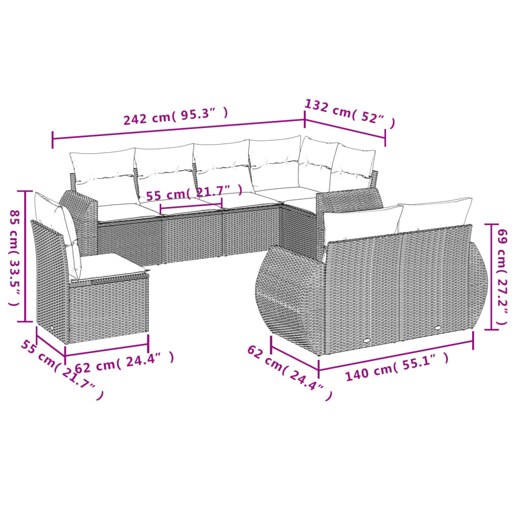 Set Divano da Giardino 8 pz con Cuscini Beige in Polyrattan