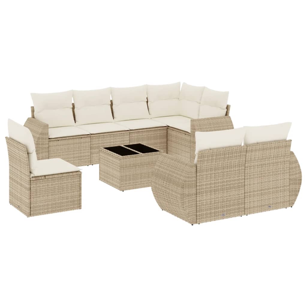 Set Divano da Giardino 9 pz con Cuscini Beige in Polyrattan