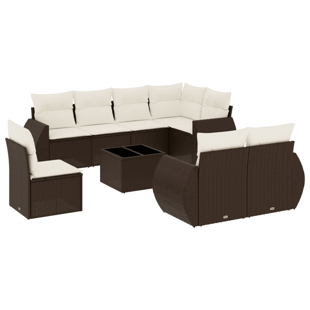 Set Divani da Giardino 9pz con Cuscini Marrone in Polyrattan