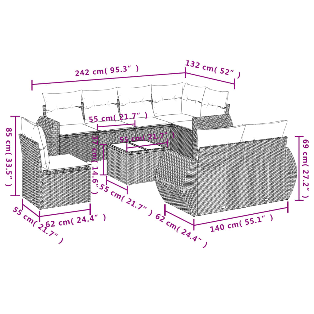 Set Divani da Giardino 9pz con Cuscini Marrone in Polyrattan