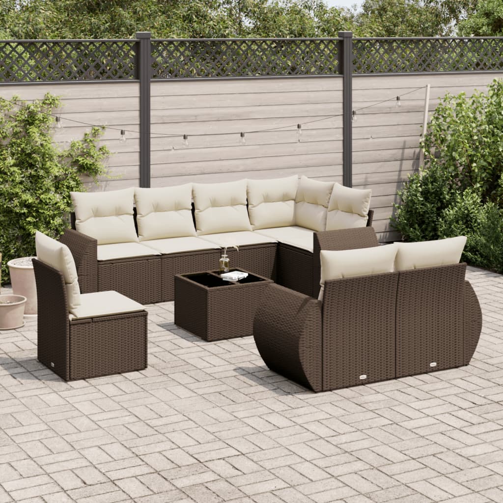 Set Divani da Giardino 9pz con Cuscini Marrone in Polyrattan