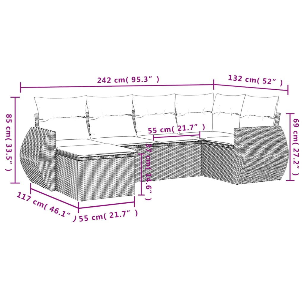 Set Divano da Giardino 6 pz con Cuscini Marrone in Polyrattan