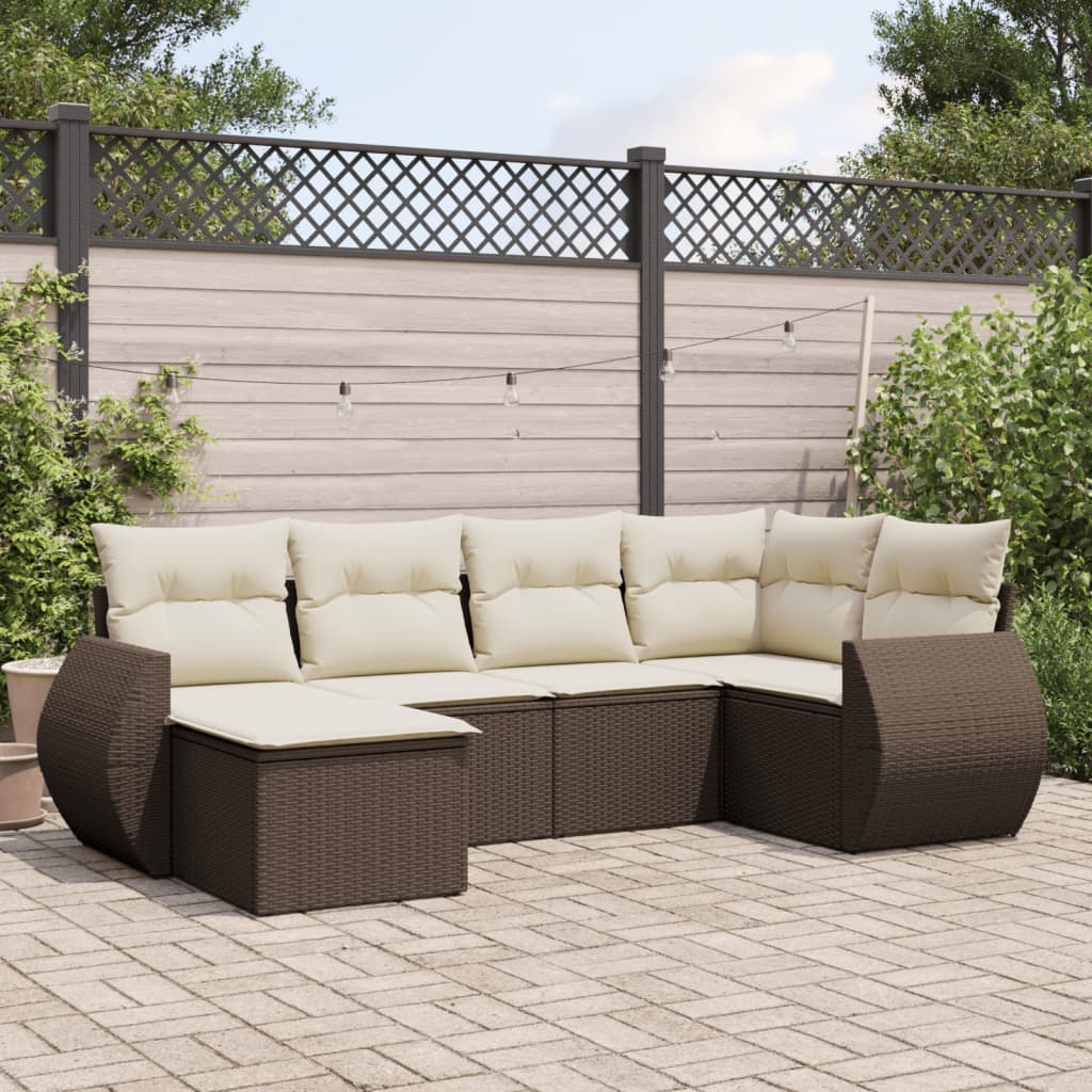 Set Divano da Giardino 6 pz con Cuscini Marrone in Polyrattan