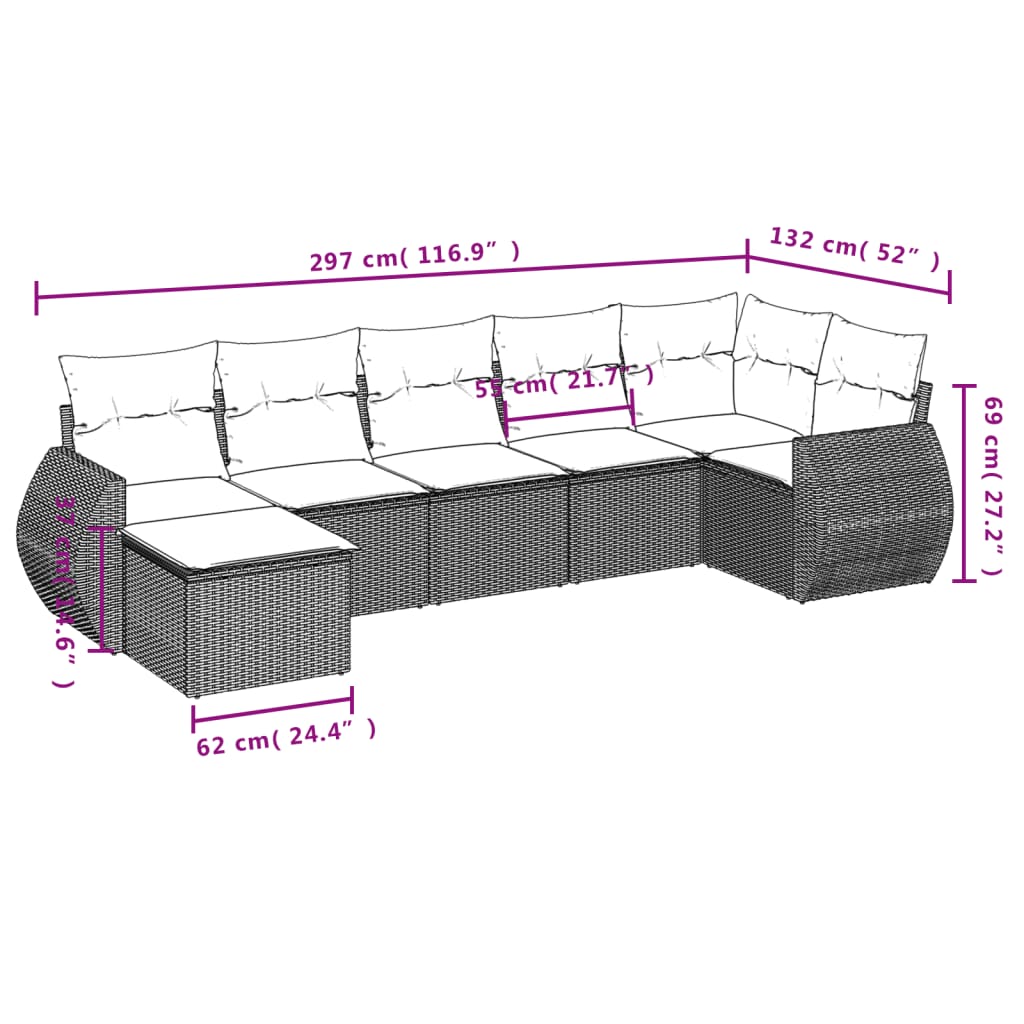 Set Divani da Giardino 7 pz con Cuscini Marrone in Polyrattan